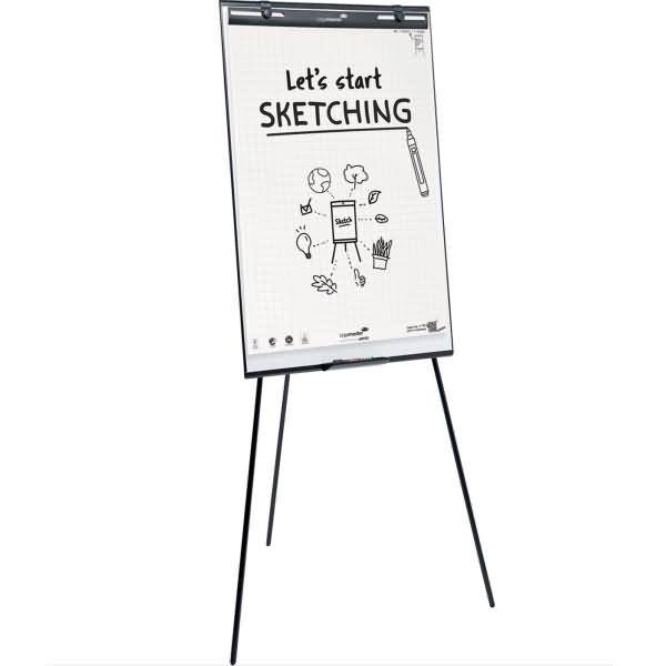 Flipchart-Staffelei mit leerem Skizzenblock mit dem Titel „Lassen Sie uns SKIZZIEREN