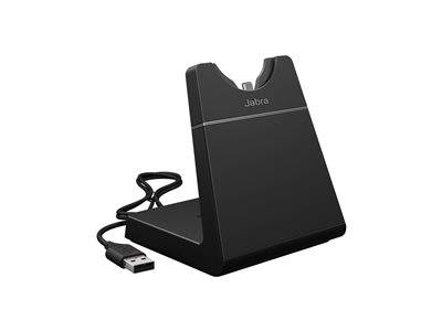 Ein schwarzes Ladegerät mit USB-Kabel, mit der Bezeichnung „Jabra