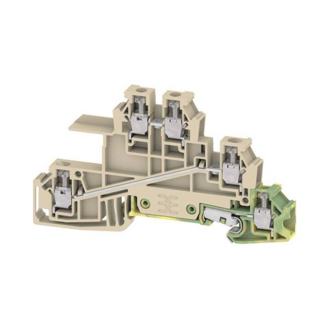 Ein beiges Klemmleistenblock mit mehreren Metallverbindern und gekennzeichneten Komponenten zeigt eine kompakte Verdrahtungslösung für elektrische Schaltungen.