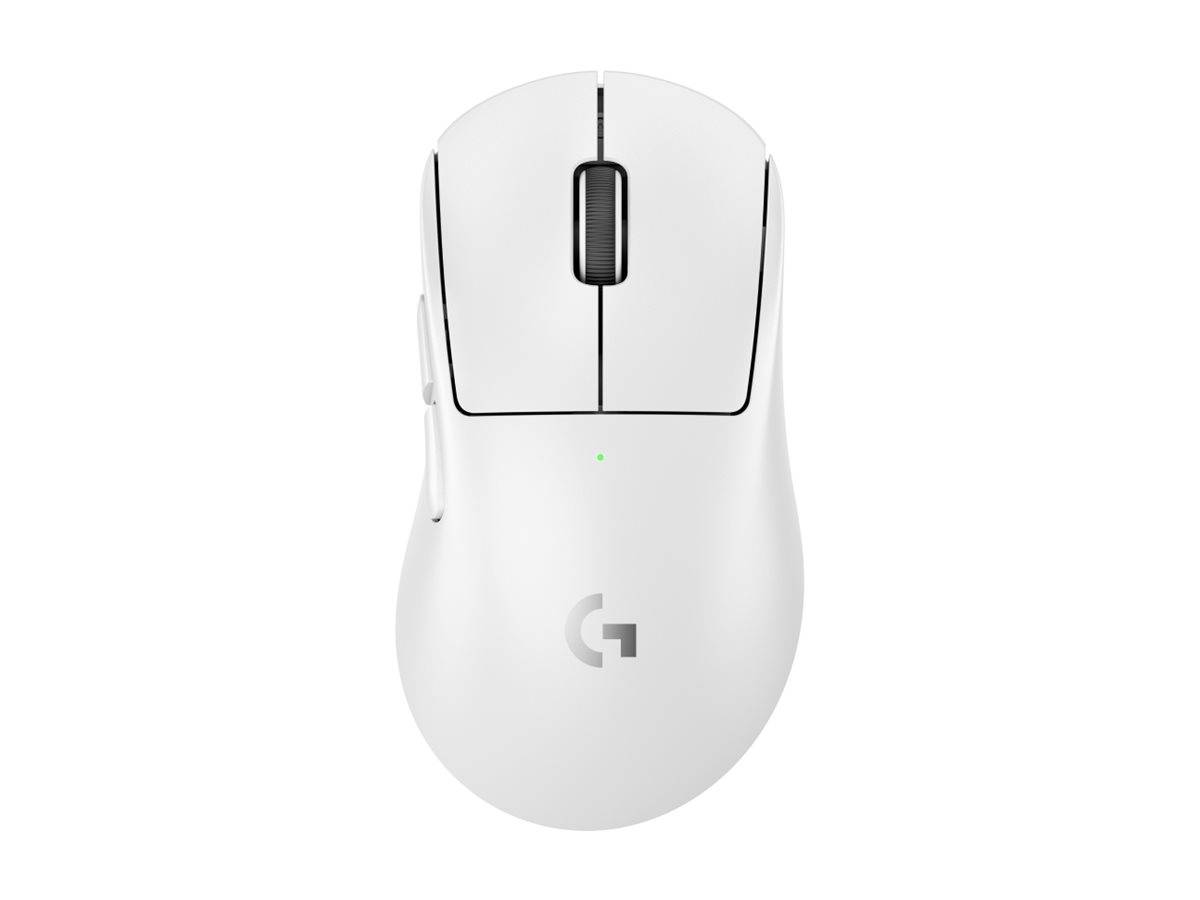 Weiße kabellose Computermaus mit Scrollrad und Logitech G Logo, von oben auf einfachem Hintergrund fotografiert.