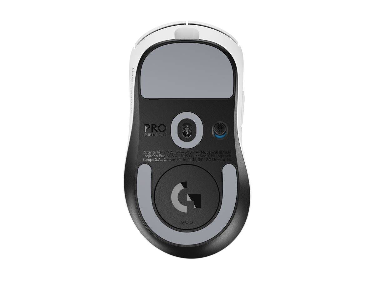 Draufsicht einer schwarzgrauen kabellosen Logitech Pro Computermaus mit Scrollrad und Logo auf weißem Hintergrund