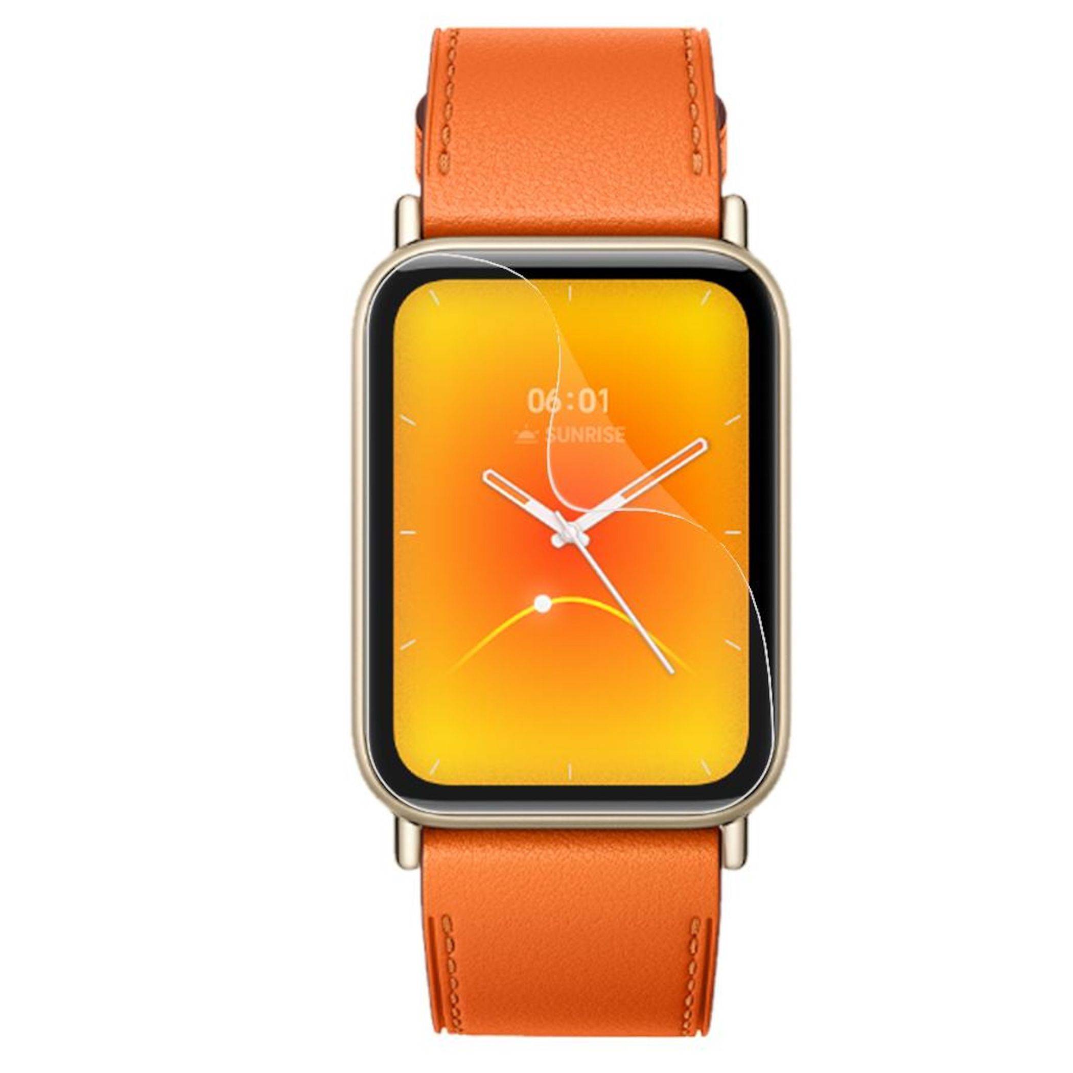 Smartwatch mit orangem Armband, rechteckigem Goldgehäuse und hellem orangefarbenem analogem Zifferblatt, das 06:01 und „Sunrise