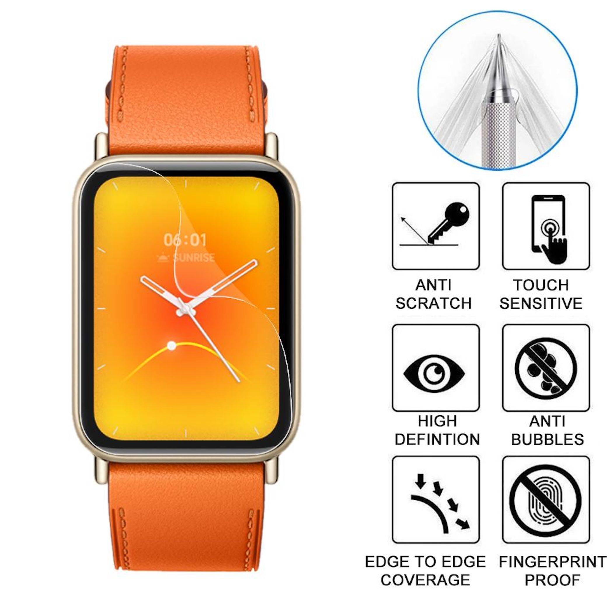 Smartwatch mit orangem Armband und Vollbild-Schutzfolie, begleitet von Symbolen, die kratzfest, berührungsempfindlich, hochauflösend, blasenfrei, kantenlose Abdeckung und fingerabdruckresistent Eigenschaften hervorheben.
