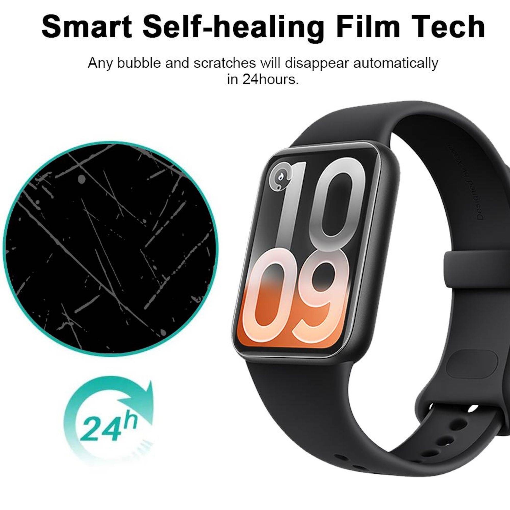 Werbebild einer schwarzen Smartwatch mit dem Text „Smart Self-healing Film Tech