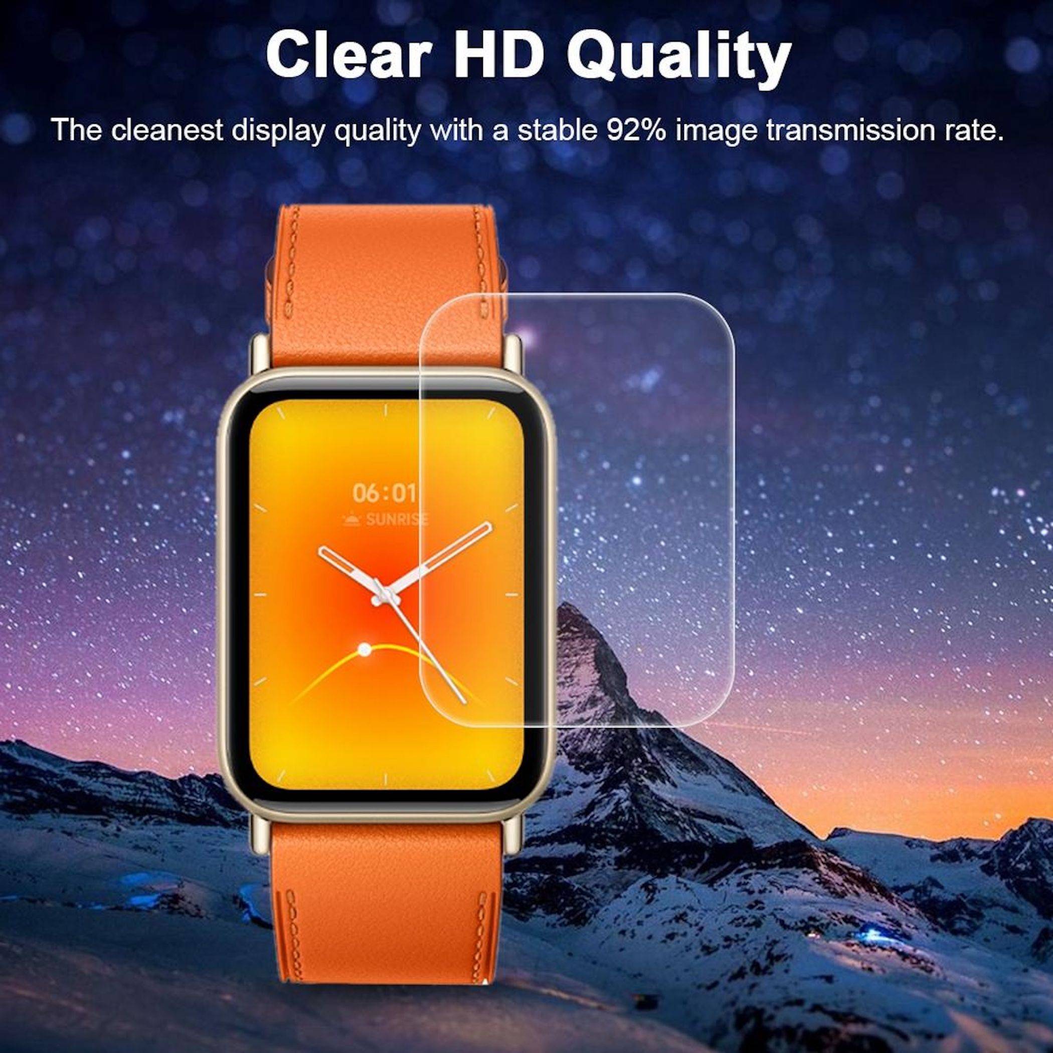 Smartwatch mit orangem Armband und klarem Displayschutz, gekennzeichnet mit „Clear HD Quality