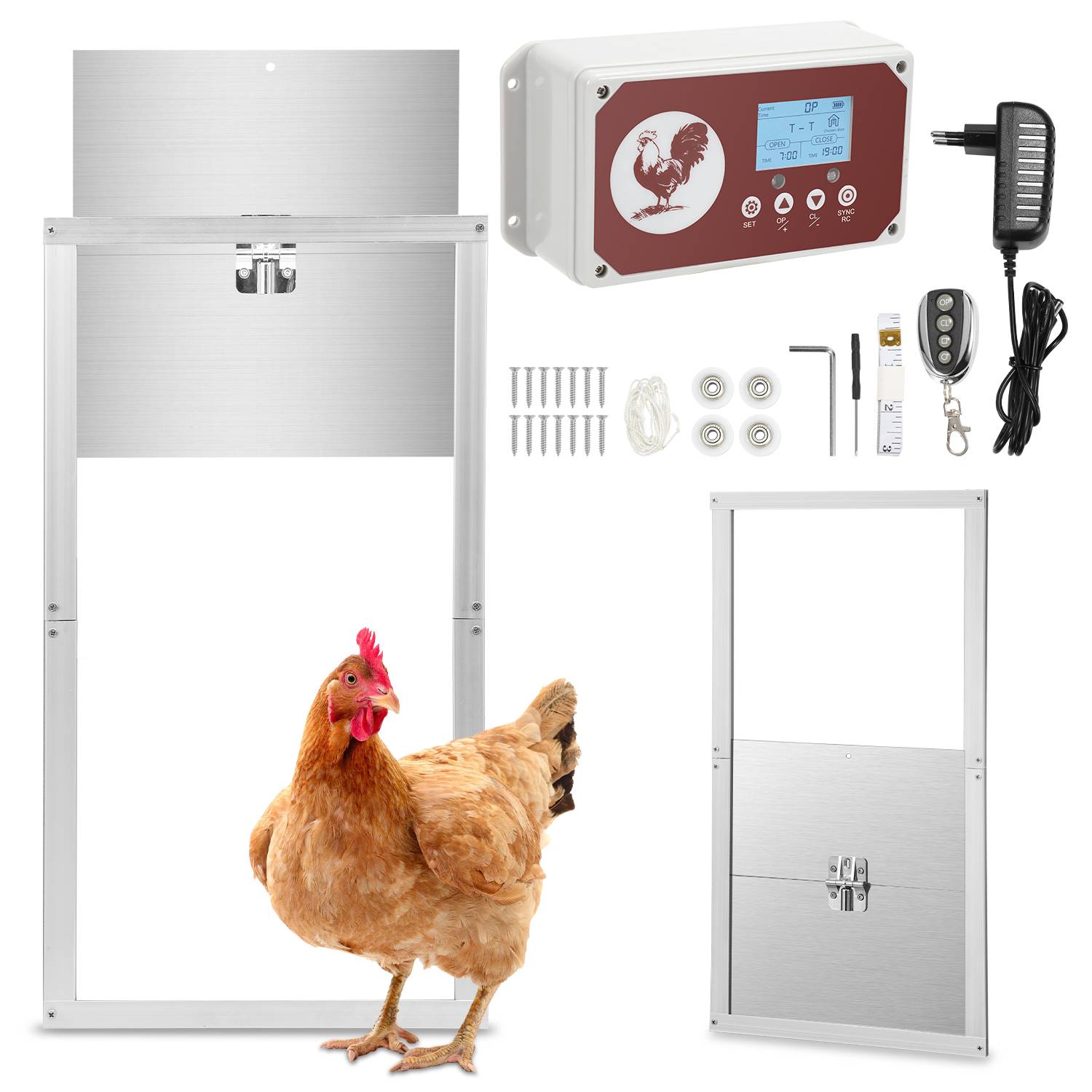 Hühnerklappe Automatische Hühnertür mit Fernbedienung, Aluminium, 30x30cm, Timer und 7.8W Leistung – Ideal für Hühnerstall, Geflügelstall und