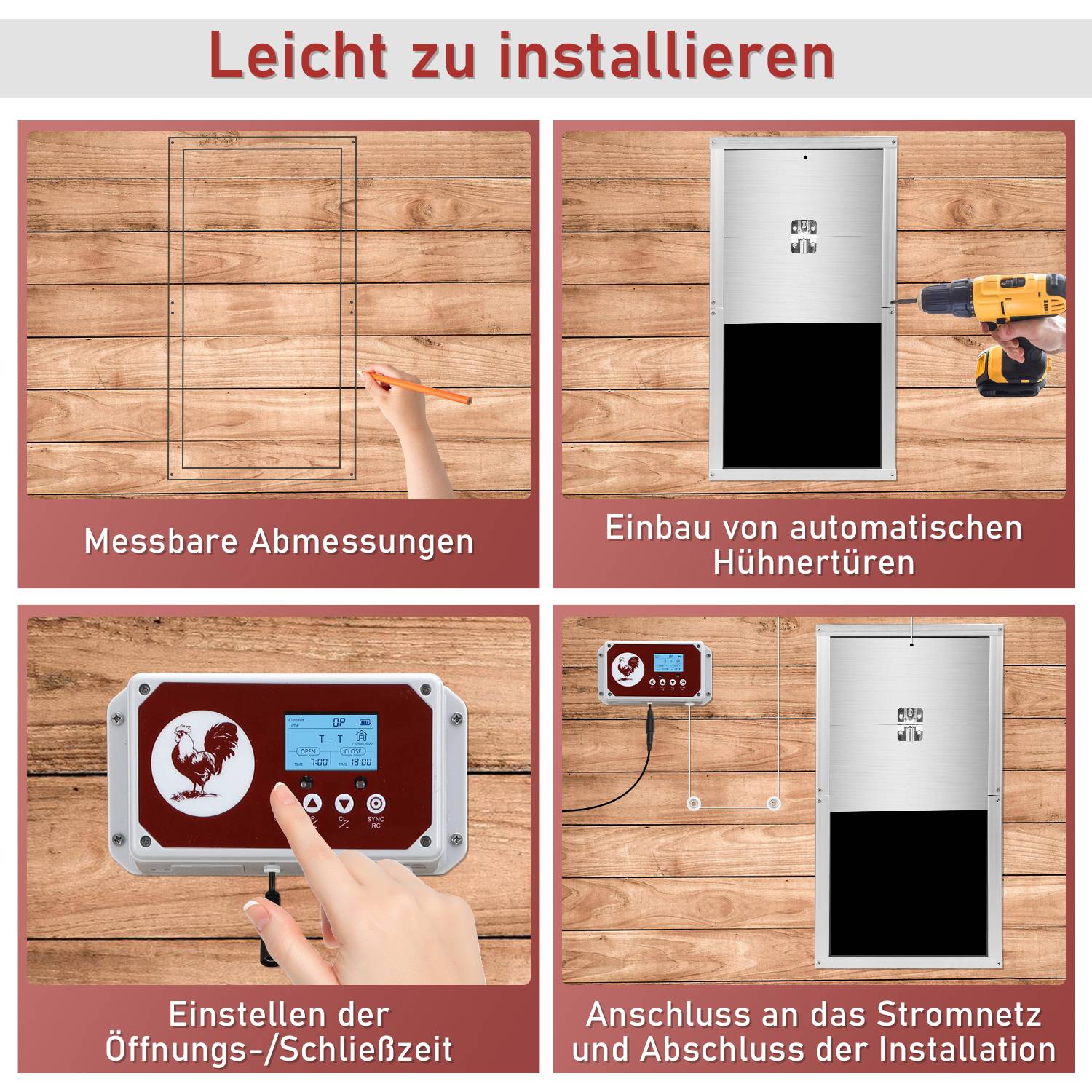 Hühnerklappe Elektrische Hühnertür mit Adapter und Lichtsensor, Automatische Funktion, 7.8W Leistung, 30x30cm, für Hühnerstall, Stalltür für Ge