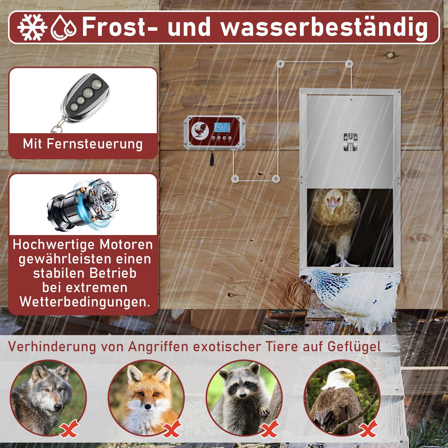 Hühnerklappe Elektrische Hühnertür mit Adapter und Lichtsensor, Automatische Funktion, 7.8W Leistung, 30x30cm, für Hühnerstall, Stalltür für Ge