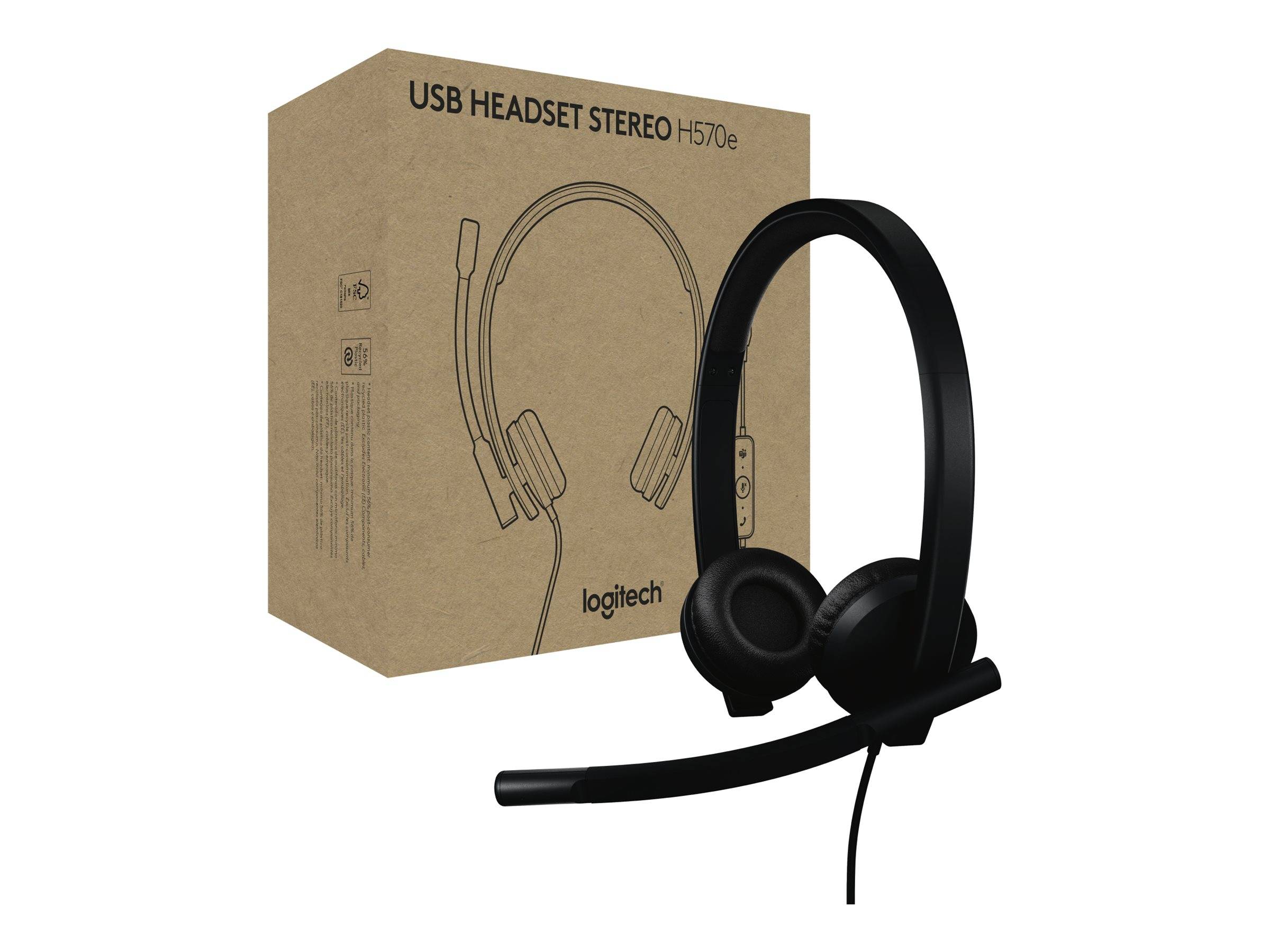 Ein schwarzes USB-Stereo-Headset mit Mikrofon liegt neben seiner Pappverpackung, die mit 'USB-Headset Stereo H570e' und 'Logitech' beschriftet ist.