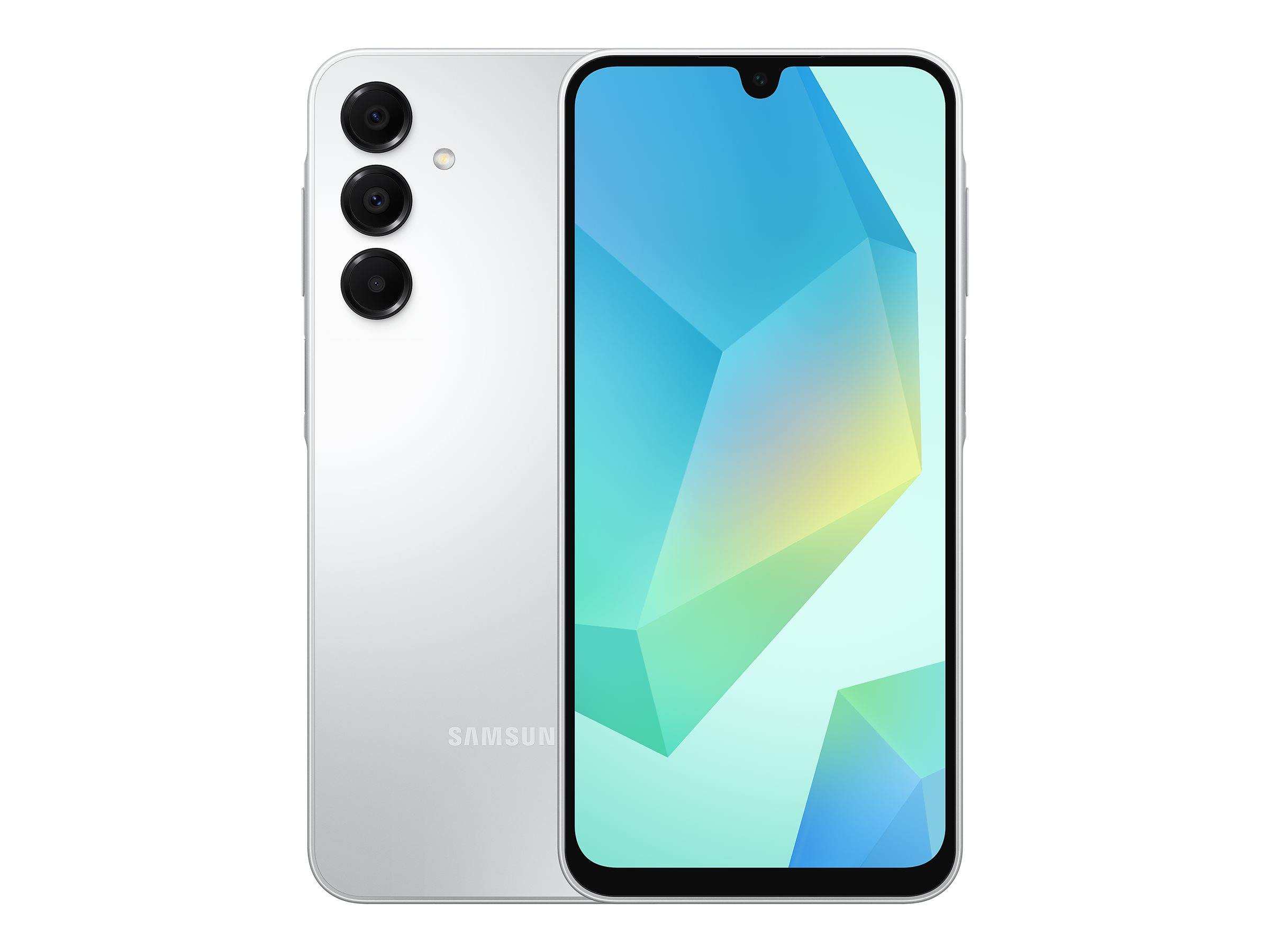 Samsung-Smartphone von vorne und hinten abgebildet, mit dreifacher Rückkamera und einem tropfenförmigen Notch-Display auf weißem Hintergrund.