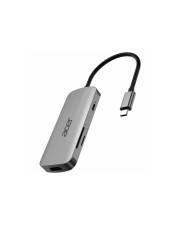 Ein silberner Acer USB-C-Adapter-Dongle mit einem kurzen schwarzen Kabel und Stecker, dargestellt auf weißem Hintergrund.