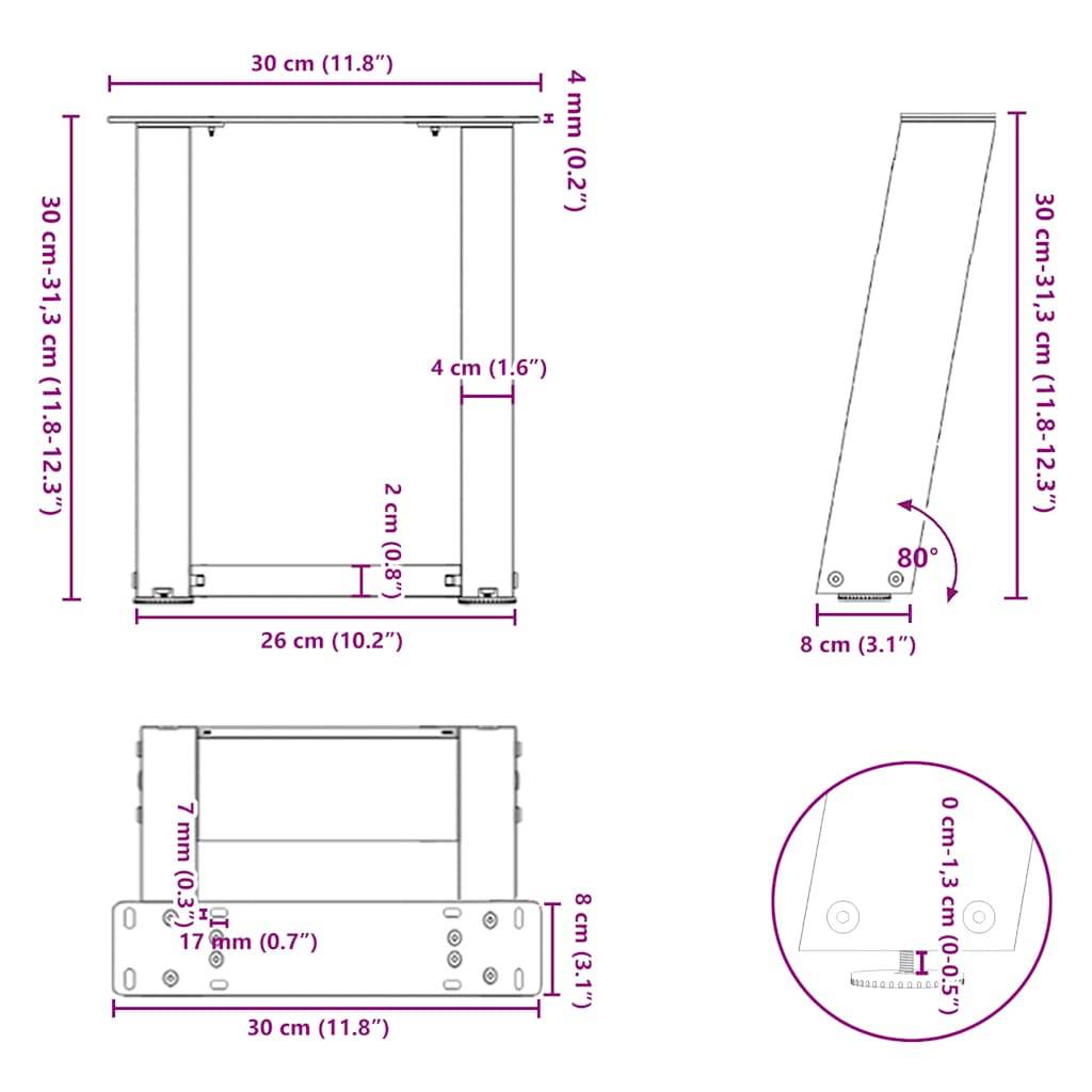 vidaXL Couchtischbeine U-Form 2 Stk. Schwarz 30x(30-31) cm Stahl