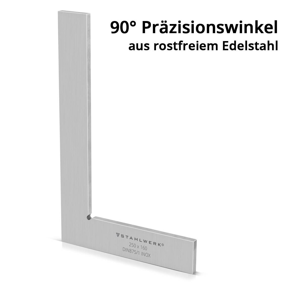 STAHLWERK Flachwinkel 90° 250 x 160 mm DIN 875/1 aus rostfreiem Edelstahl
