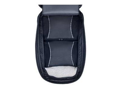 Das Bild zeigt das Innere eines leeren schwarzen Rucksacks mit sichtbarer Rückenpolsterung, die für Komfort und Unterstützung konzipiert ist.
