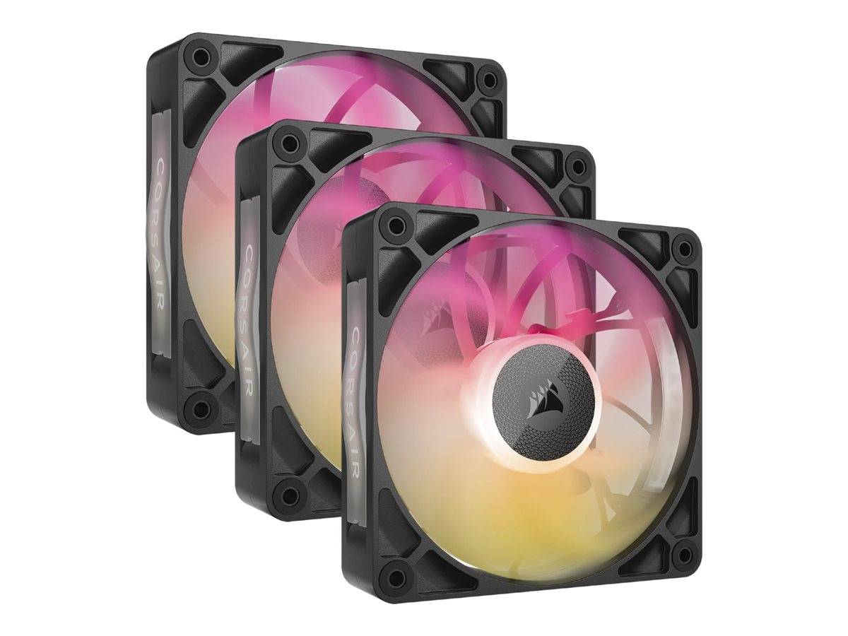 Drei Corsair RGB-Gehäuselüfter gestapelt in einem Produktbild, mit schwarzen Rahmen und rosa-gelb leuchtenden Blättern.