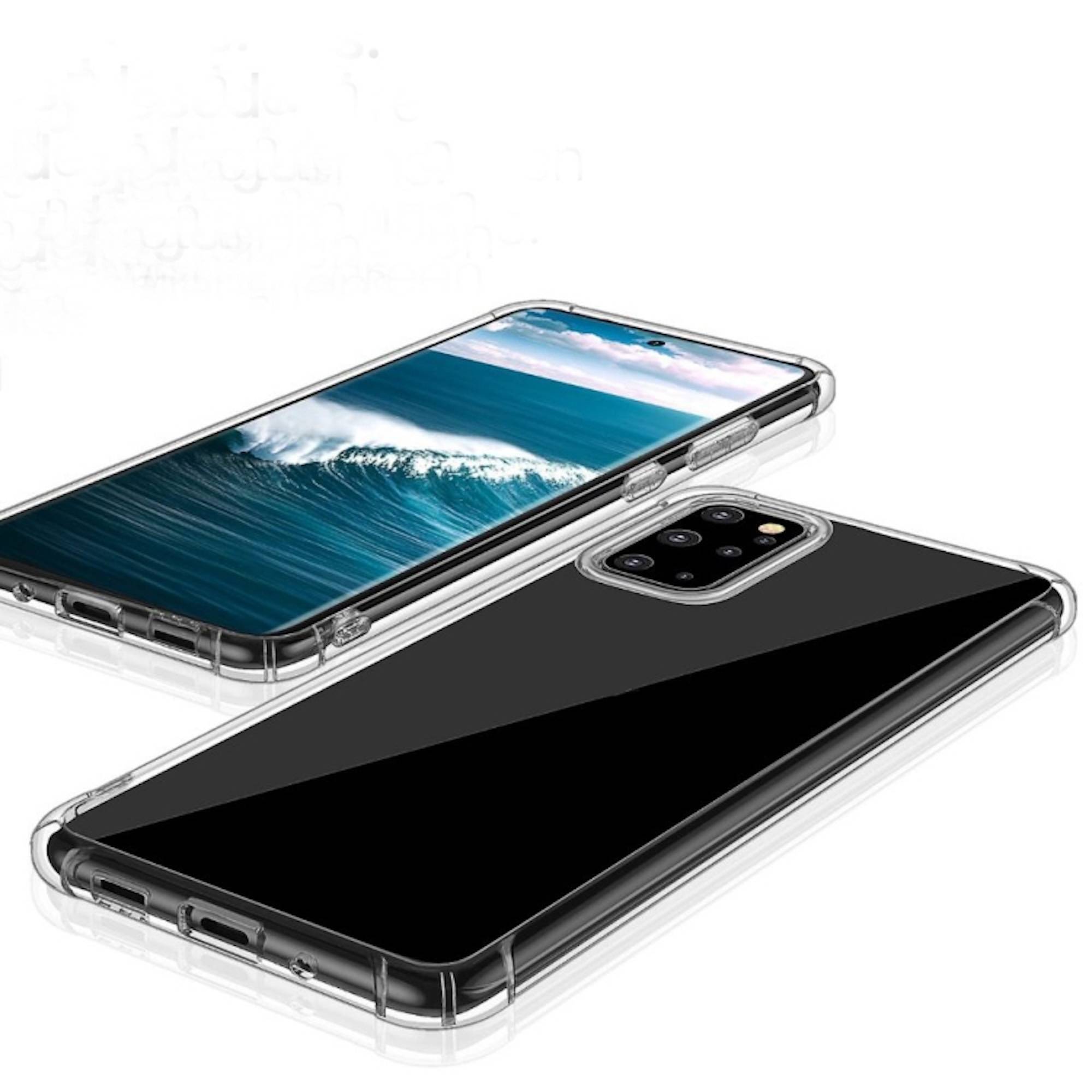 Zwei transparente Handyhüllen auf Smartphones, eine zeigt ein Wellen-Hintergrundbild und eine mit schwarzem Bildschirm und Dreifach-Kamera-Ausschnitt.