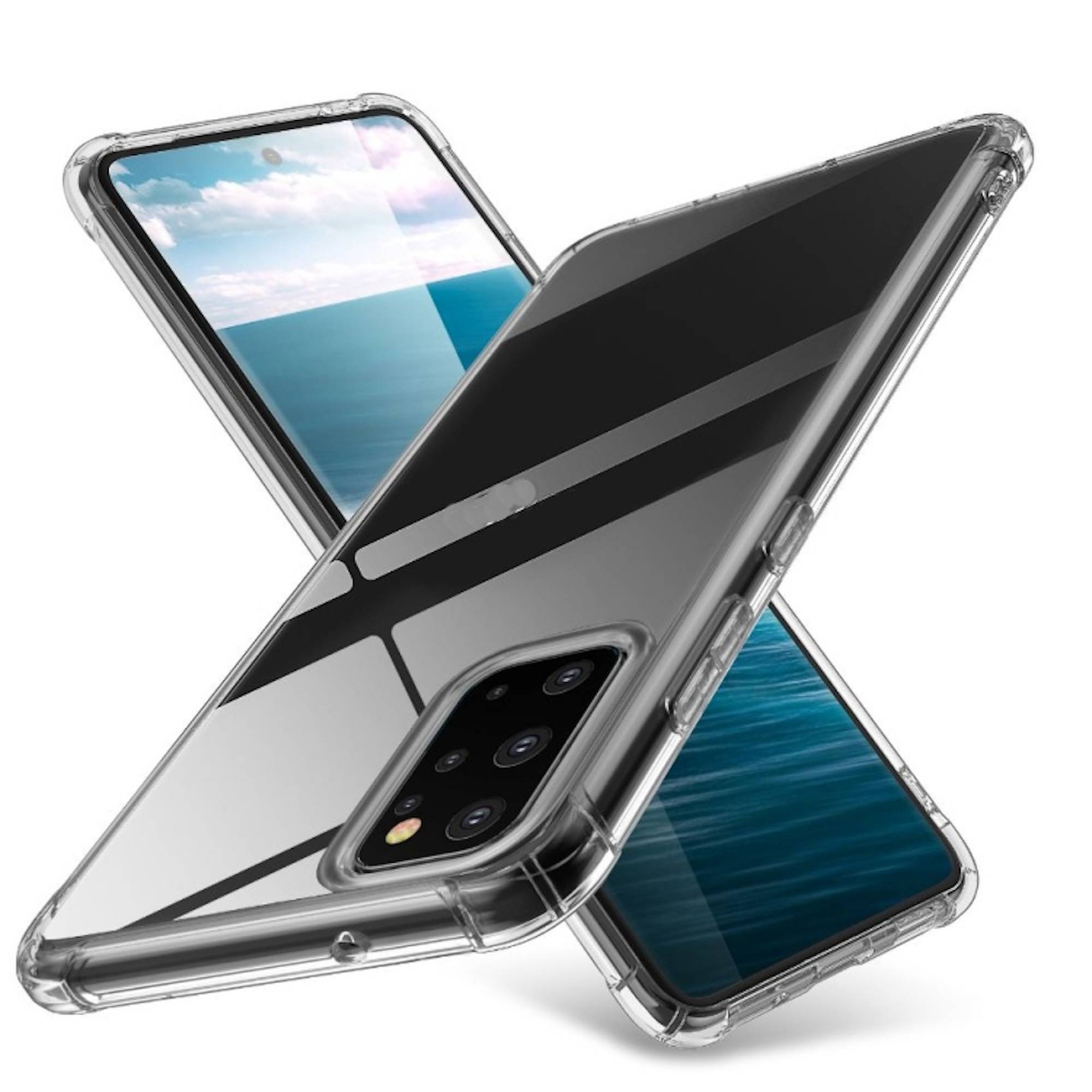 Zwei durchsichtige Smartphones überkreuzen sich in einem X, wobei bei einem die Vorderseite des Bildschirms und bei dem anderen das hintere Kameramodul zu sehen ist.