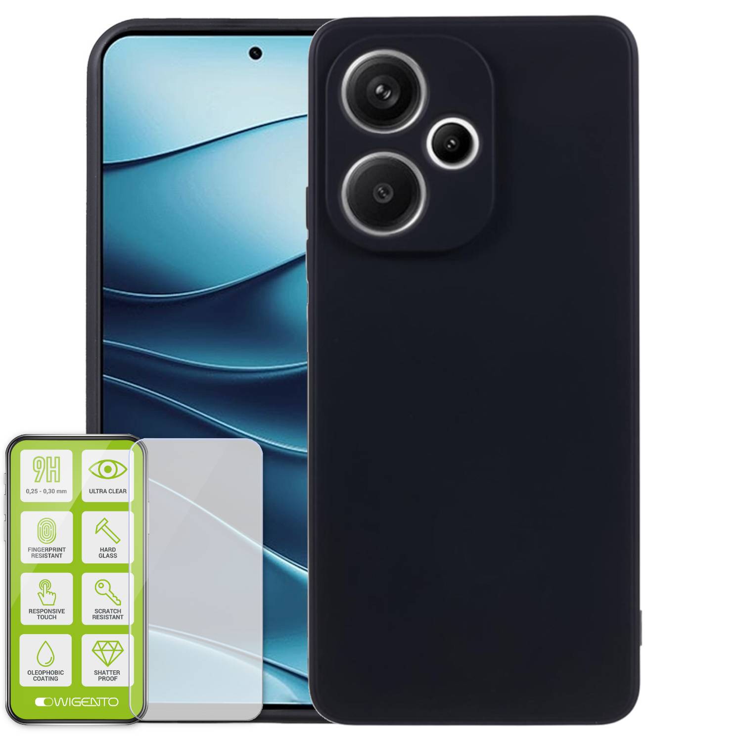 Für Xiaomi Redmi Note 14 5G Silikon TPU Schutz Hülle Schwarz + H9 Hart Glas Folie