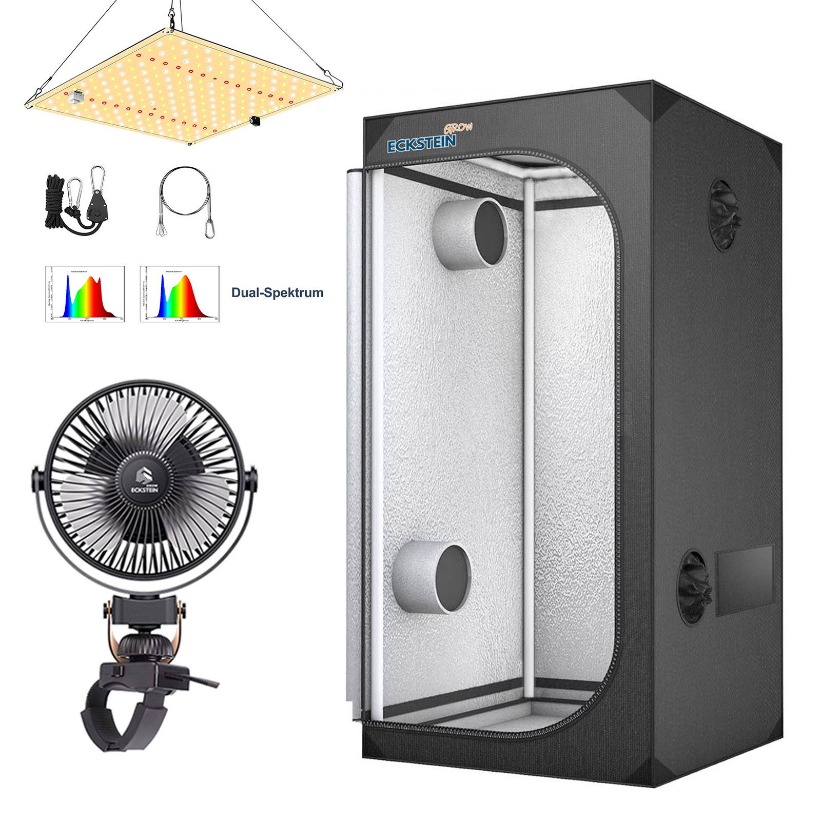 Growbox Komplettset LED 60x60x140cm Gewächshaus Growzelt Pflanzenzelt mit 85W Grow Light & 360° Rotation Ventilator Fan