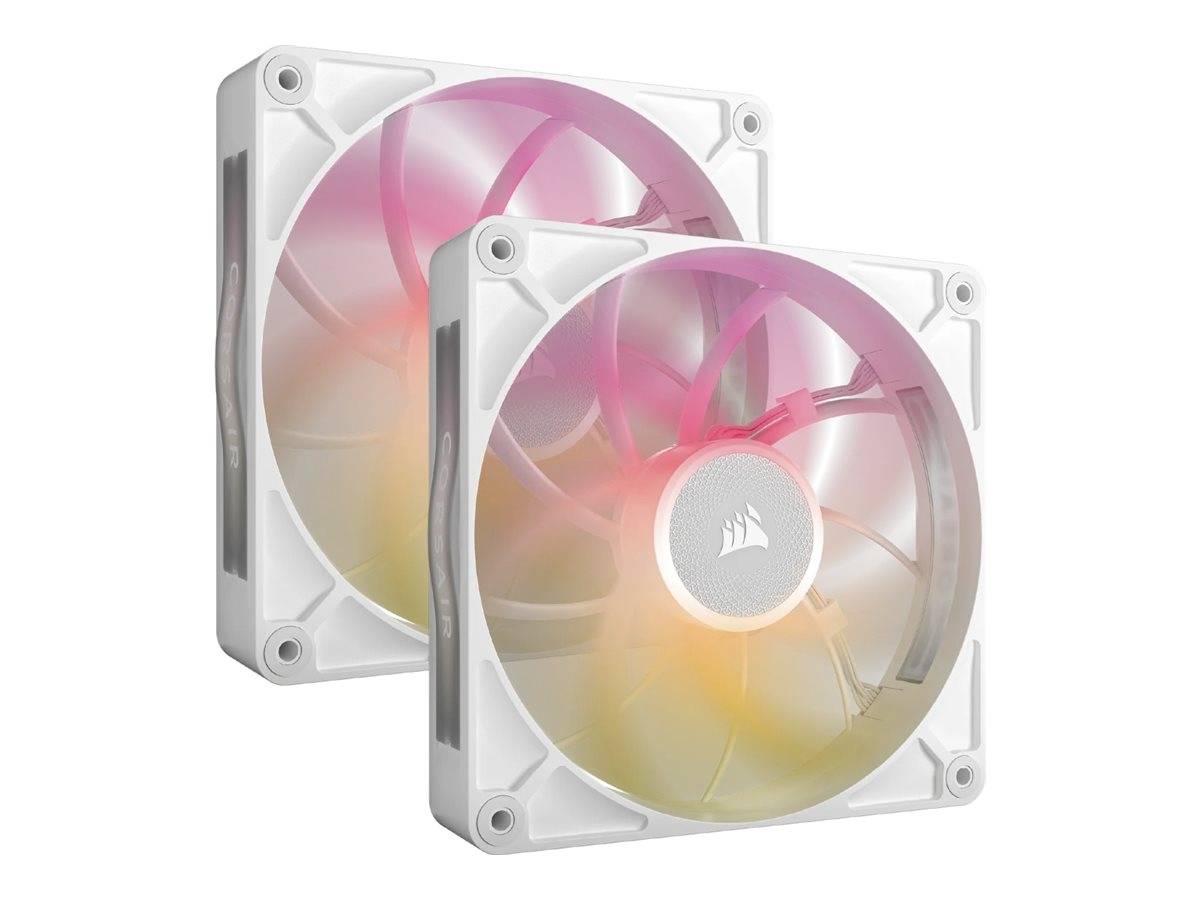 Zwei RGB-Kühlventilatoren mit durchscheinenden rosa, gelben und weißen Flügeln in weißen quadratischen Rahmen, übereinander liegend auf einem schlichten Hintergrund dargestellt.
