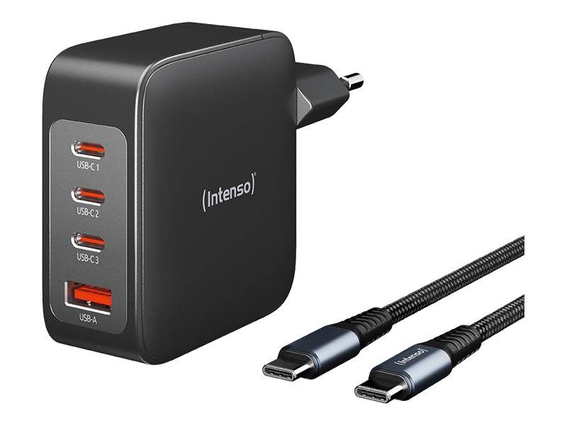 Schwarzes Intenso-Wandladegerät mit vier USB-Anschlüssen, dargestellt mit zwei USB-C-Kabeln auf weißem Hintergrund.