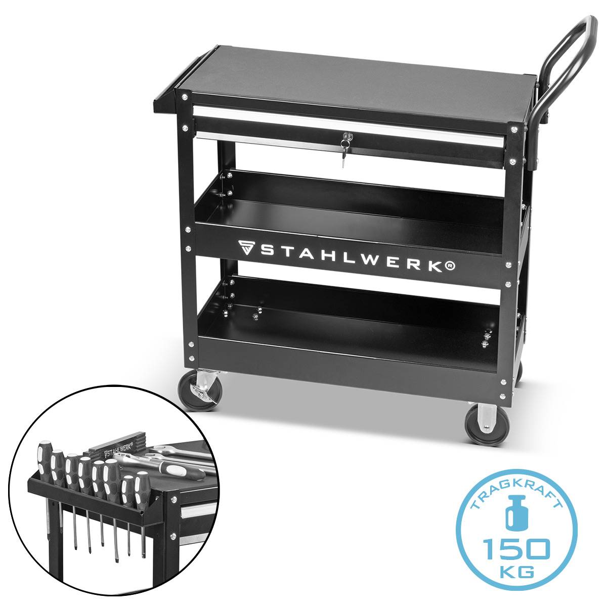 STAHLWERK Werkzeugwagen WZE-3 ST mit 150 kg Tragkraft, abschließbarer Schublade