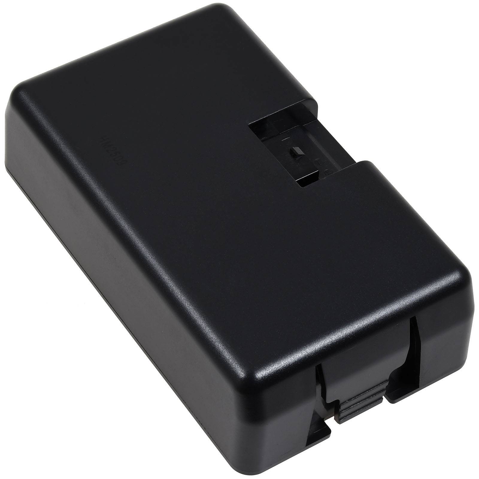 Ein schwarzes Kunststoff-Elektronikgehäuse mit Ausschnitt und Schnappdeckel, das zur Gehäusung elektronischer Komponenten oder Schaltungen verwendet wird.