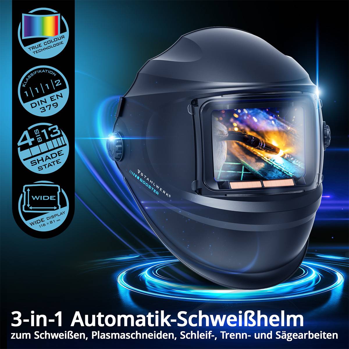 Ein schwarzer Schweißhelm mit einem reflektierenden Visier, das helle Funken zeigt. Textbeschriftungen heben Merkmale wie ‚True Colour', ‚DIN EN 3/12' und ‚Wide Display' hervor.