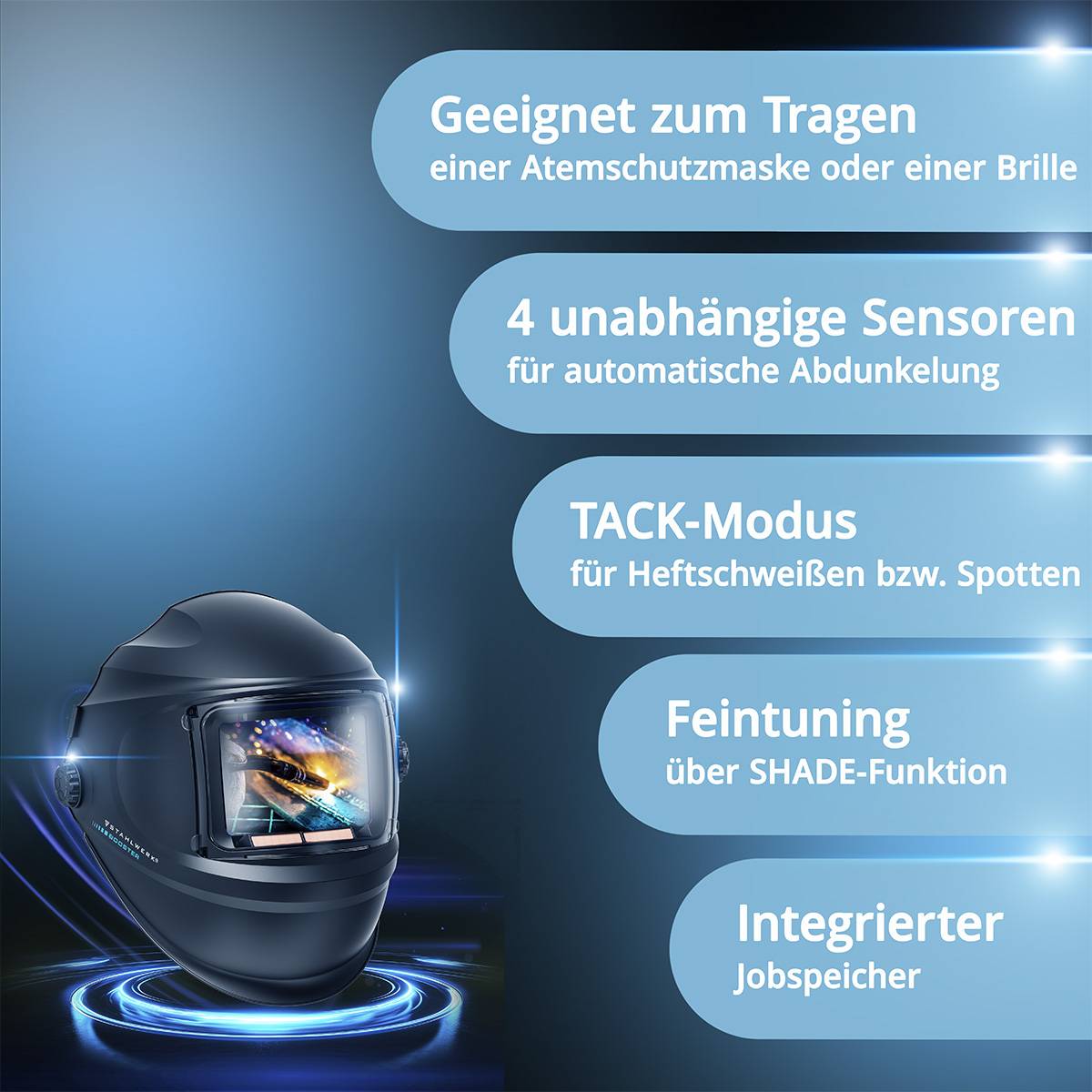 Ein Schweißhelm mit digitaler Anzeige mit folgenden Funktionen: geeignet für Atemschutzmasken oder Brillen, vier Sensoren, TACK-Modus, SHADE-Funktion, Auftragsspeicherung.
