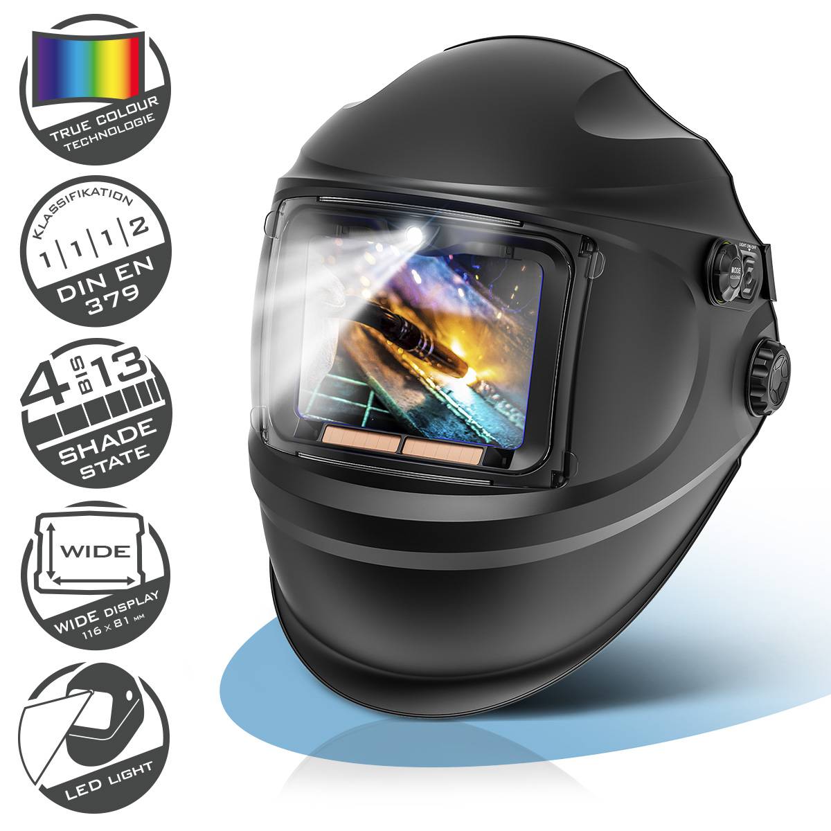 Ein schwarzer Schweißhelm mit einer breiten Anzeige, auf der ein Raumschiff zu sehen ist. Icons auf der linken Seite veranschaulichen Funktionen: True Color, verschiedene Schattierungen und LED-Licht.