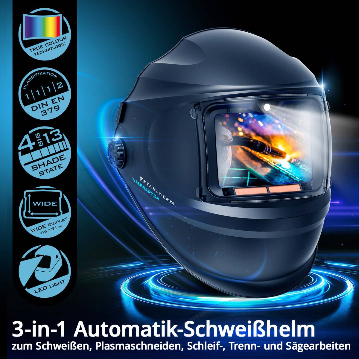 STAHLWERK Schweißhelm RAPTOR 3-in-1 Automatik-Schweißermaske mit LED-Licht