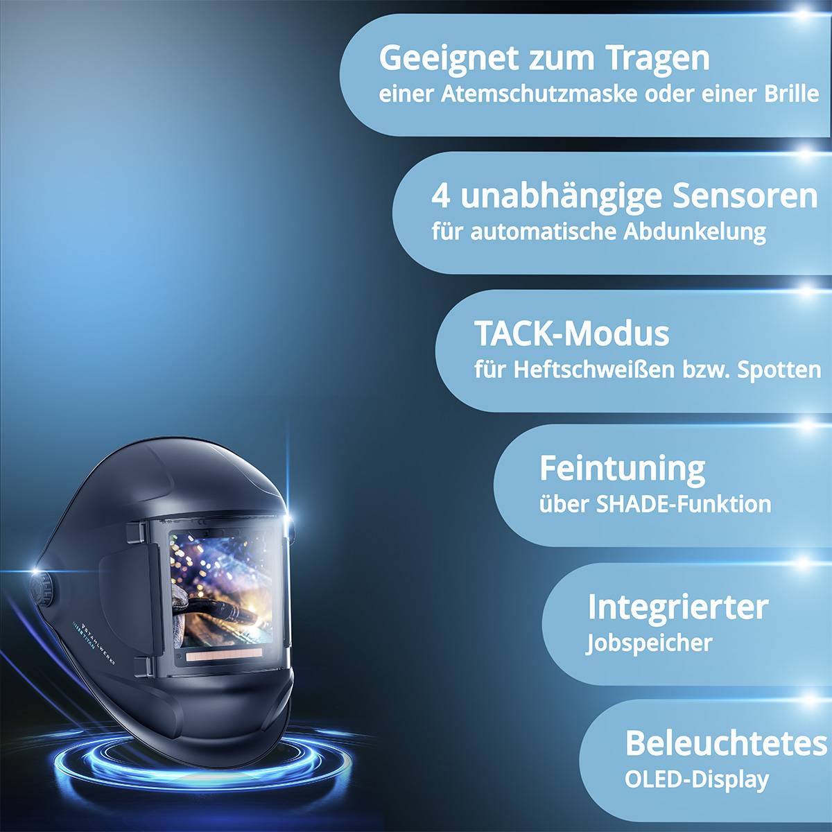 Ein Schweißhelm mit folgenden Funktionen: geeignet zum Tragen über einer Maske oder Brille, vier Sensoren, TACK-Modus, SHADE-Funktion, Auftragsspeicher, OLED-Display.