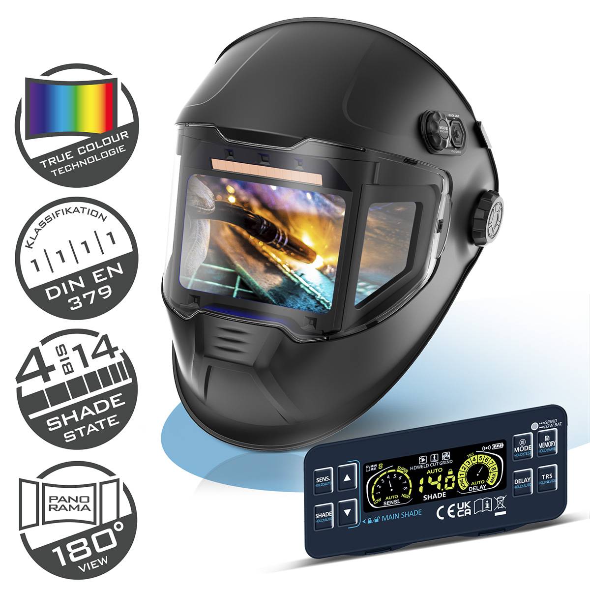 Ein schwarzer Schweißhelm mit einer großen Sichtscheibe, die eine Schweißszene darstellt. Enthält ein digitales Bedienfeld und Technologie-Symbole.