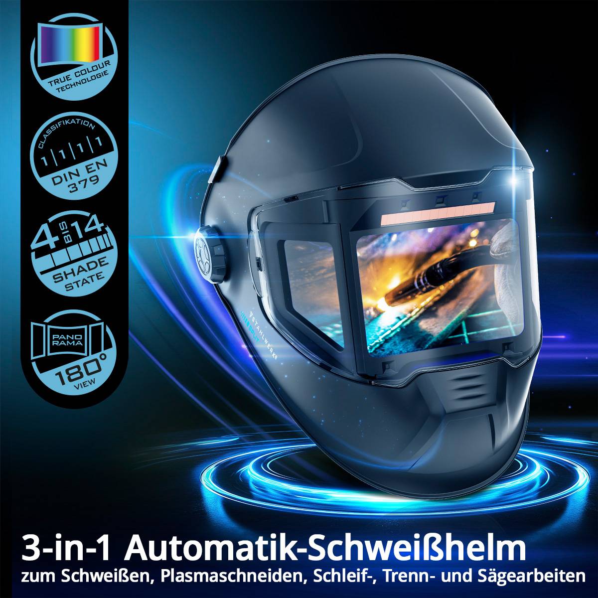 STAHLWERK Automatik-Schweißhelm SPLIT 3-in-1 mit 180° Sichtfeld, LCD-Farbdisplay