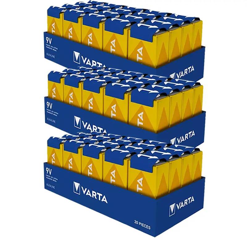 60x Varta Longlife Alkaline 4122-​6LR61-9V-E-Block Batterie - Tray