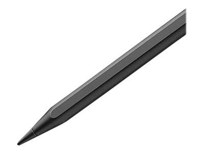 Ein schlanker, schwarzer digitaler Stylus mit einer spitzen Spitze, konzipiert für Touchscreens, diagonal vor einem schlichten weißen Hintergrund positioniert.