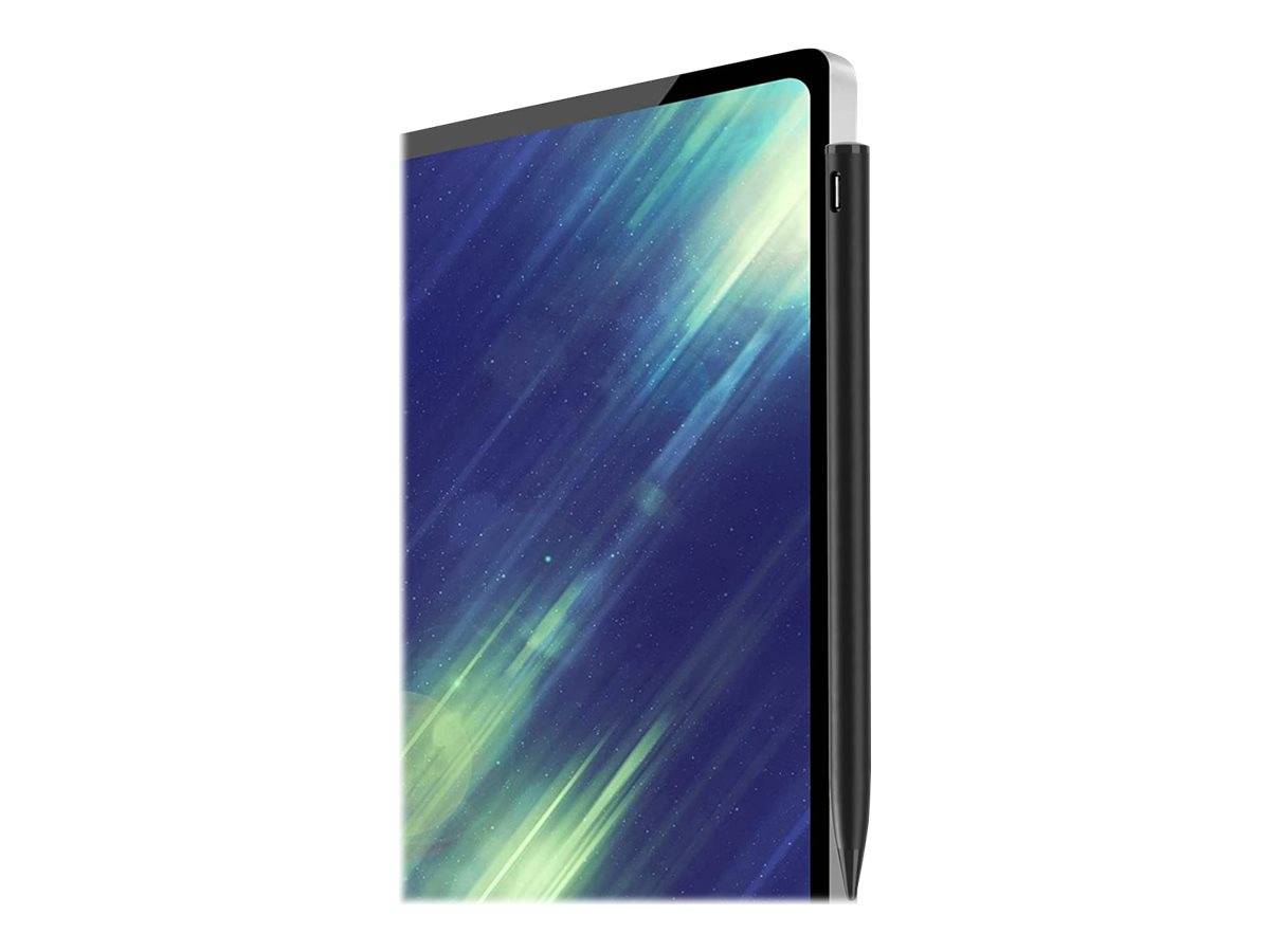 Ein Tablet mit schwarzem Rahmen und einem auf der rechten Seite angebrachten Stylus, der einen digitalen Kunstdruck mit grünen und blauen Polarlichtern auf dem Bildschirm zeigt.