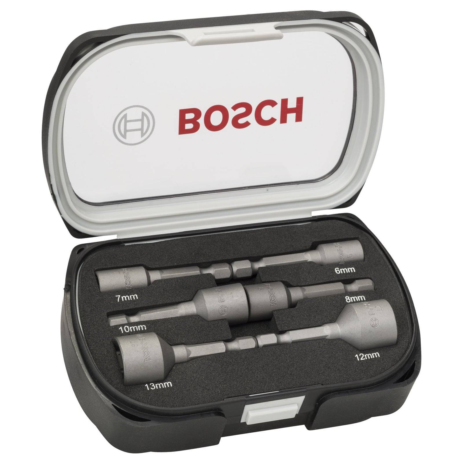 Ein Set aus fünf grauen Bosch-Steckschlüsseleinsätzen in einer schwarz-weißen Aufbewahrungsbox, beschriftet mit Größen von 6 mm bis 13 mm, mit dem Bosch-Logo auf dem Deckel.
