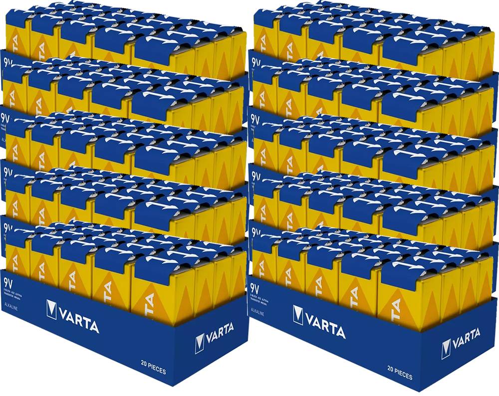 200x Varta Longlife Alkaline 4122-​6LR61-9V-E-Block Batterie - Tray