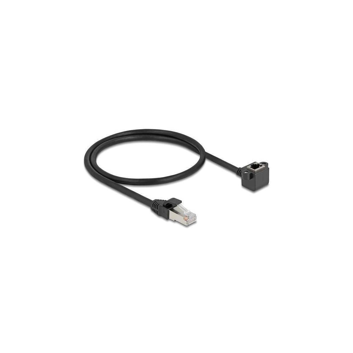 Schwarzes Ethernet-Kabel mit RJ45-Steckern, einer gerade und einer gewinkelt.