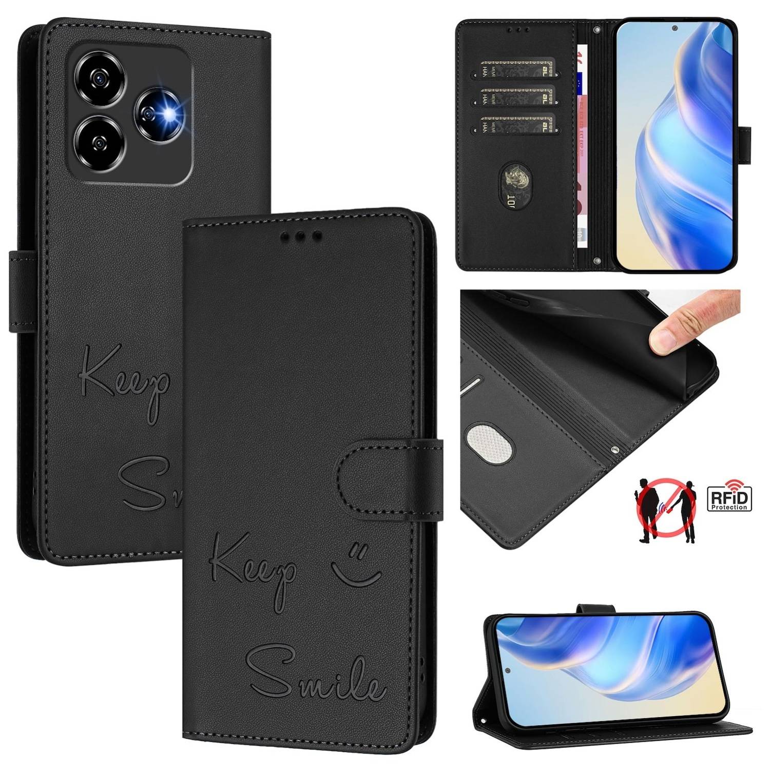 Für ZTE Blade V60 Vita / Axon 60 Lite Keep Smile Kunst Leder RFID Schutz Handyhülle Schwarz