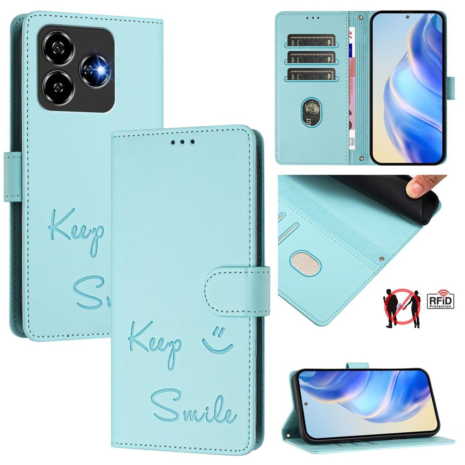Für ZTE Blade V60 Vita / Axon 60 Lite Keep Smile Kunst Leder RFID Schutz Handyhülle Türkis