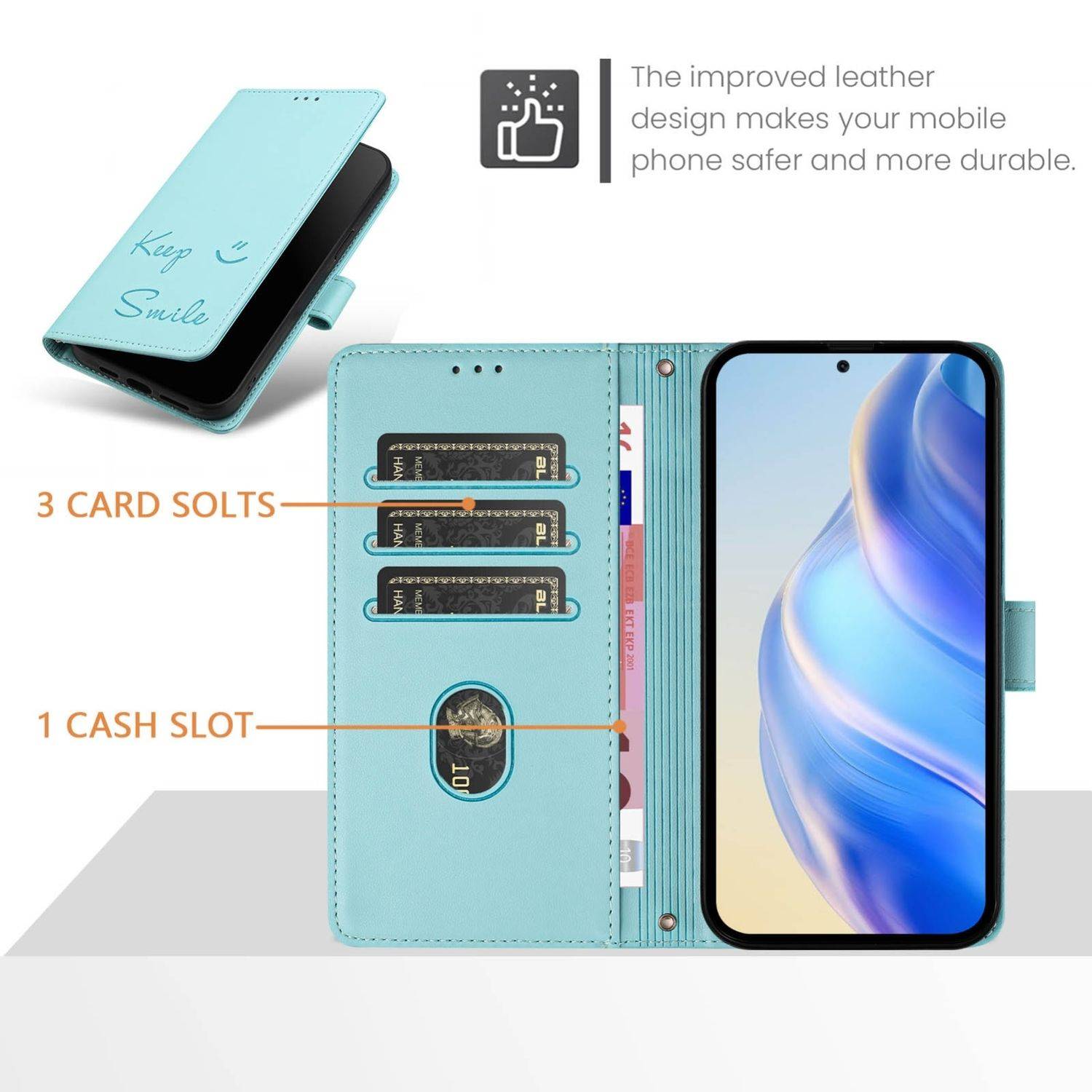 Für ZTE Blade V60 Vita / Axon 60 Lite Keep Smile Kunst Leder RFID Schutz Handyhülle Türkis