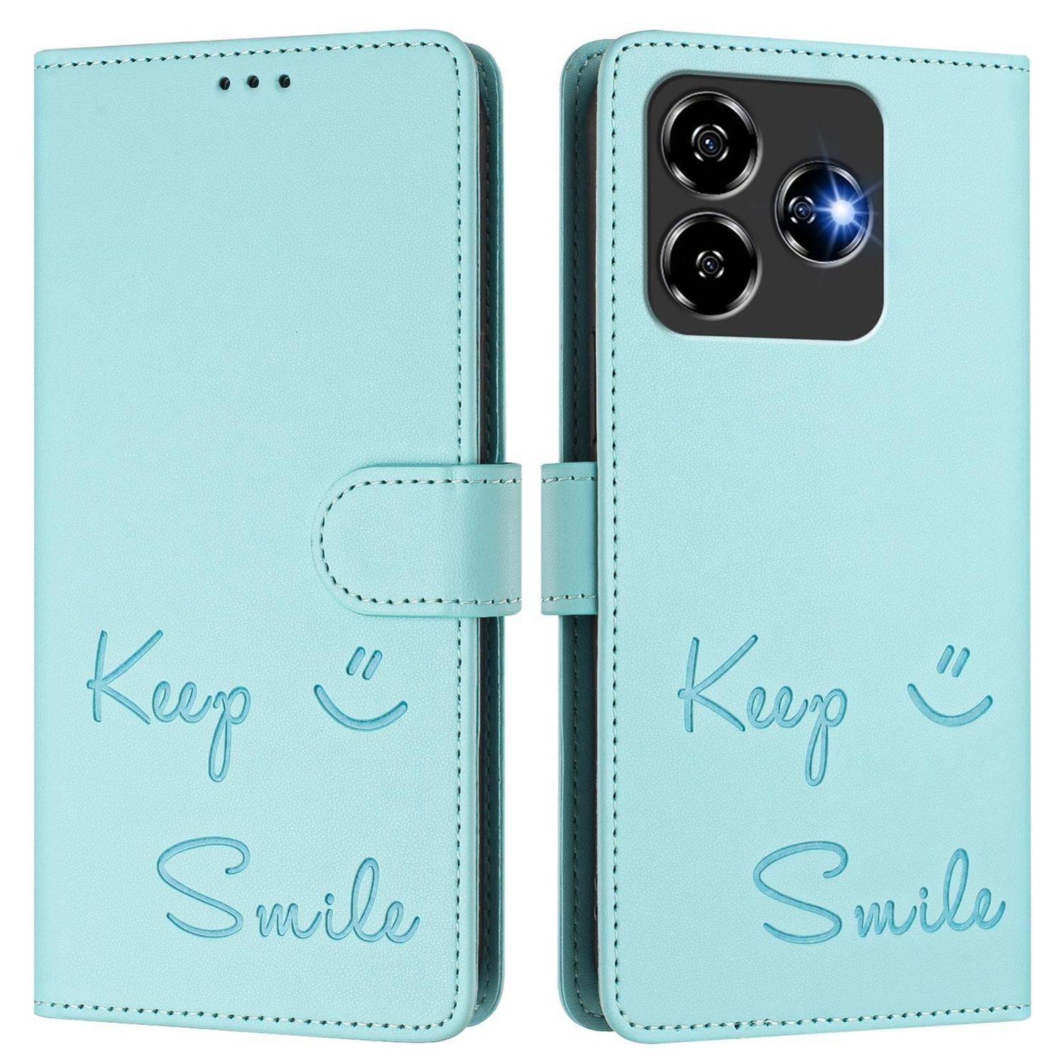 Für ZTE Blade V60 Vita / Axon 60 Lite Keep Smile Kunst Leder RFID Schutz Handyhülle Türkis