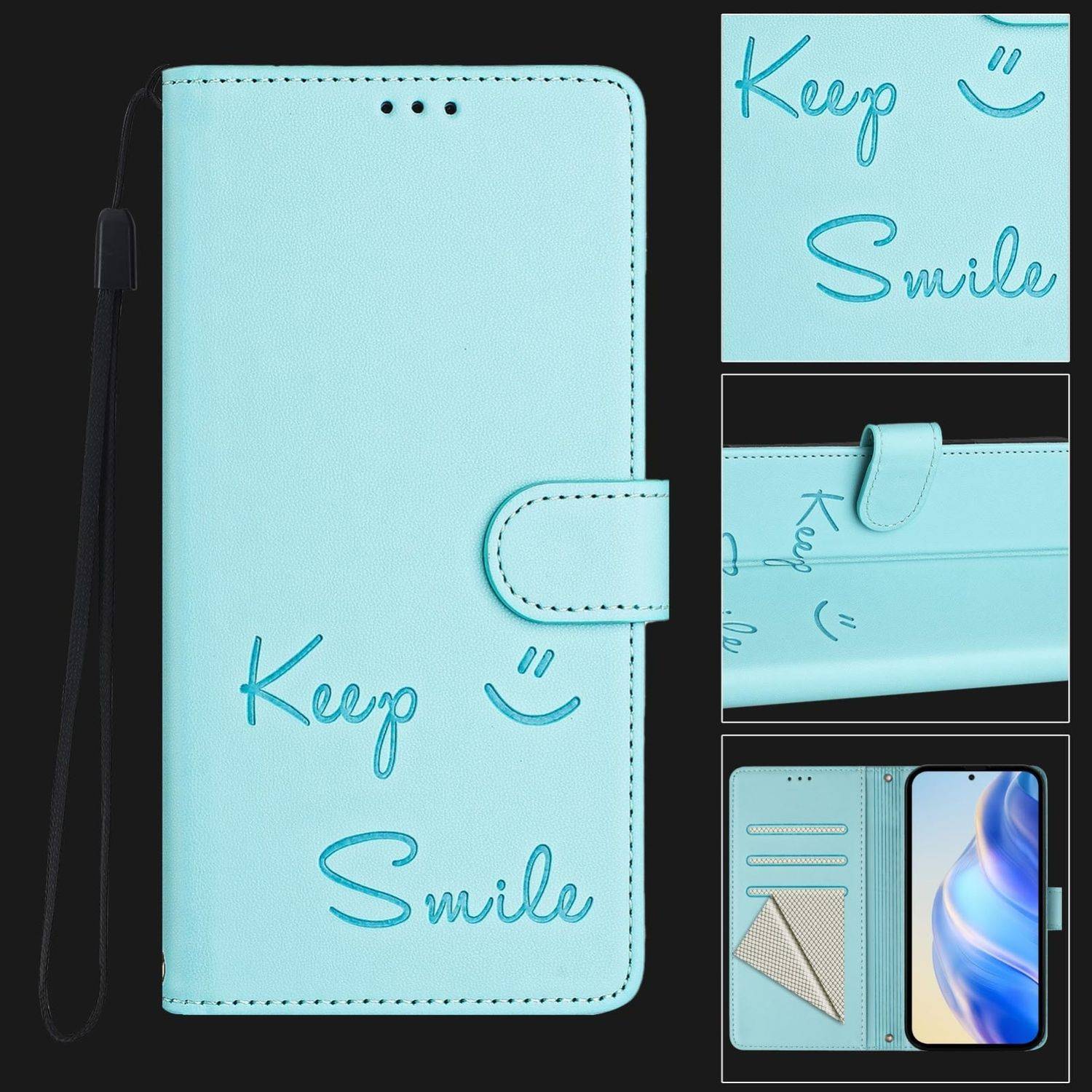 Für ZTE Blade V60 Vita / Axon 60 Lite Keep Smile Kunst Leder RFID Schutz Handyhülle Türkis