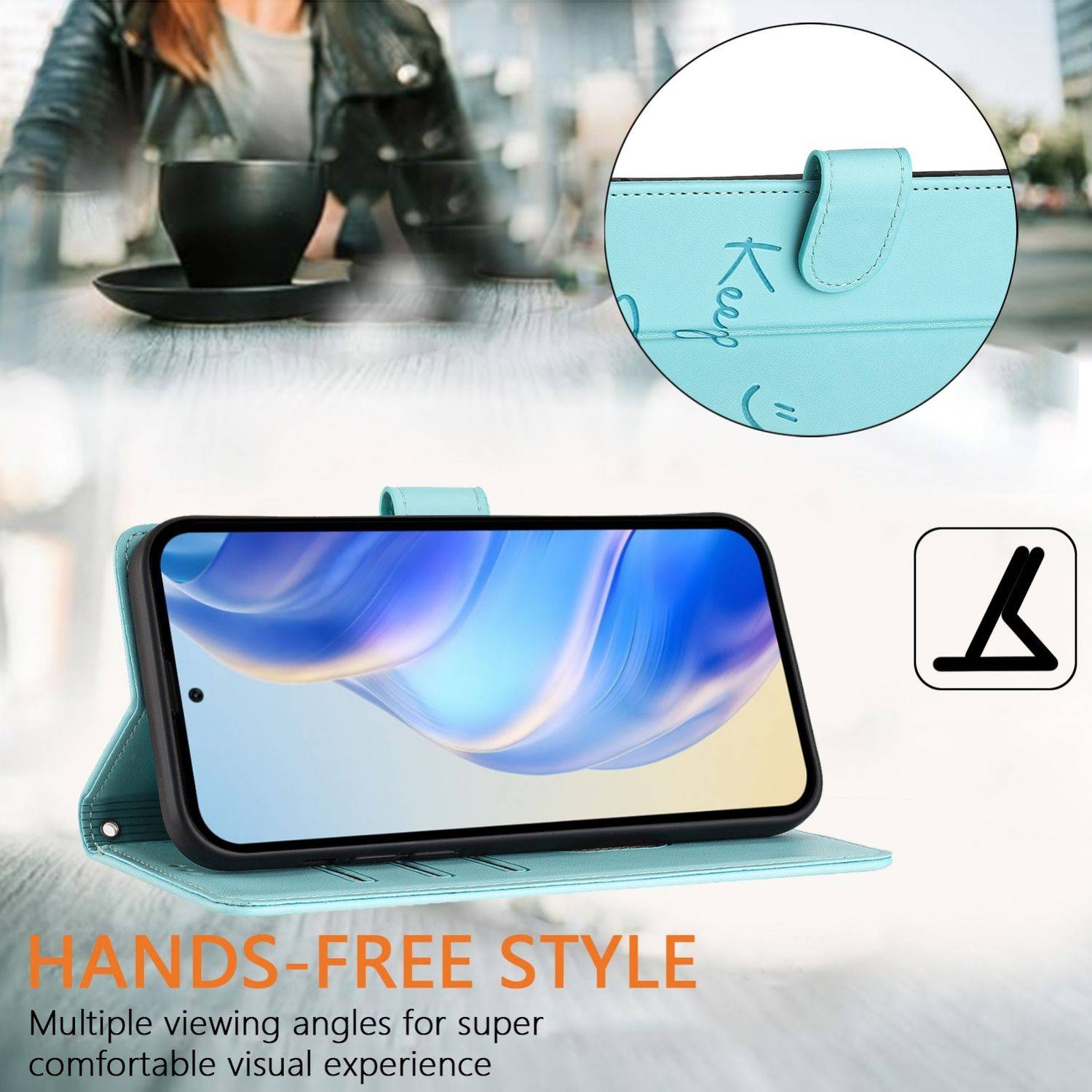 Für ZTE Blade V60 Vita / Axon 60 Lite Keep Smile Kunst Leder RFID Schutz Handyhülle Türkis
