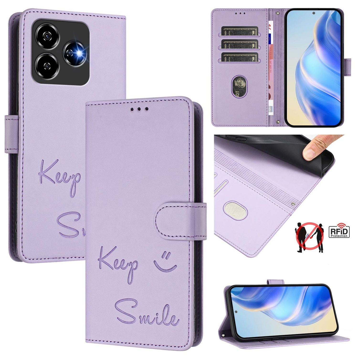 Für ZTE Blade V60 Vita / Axon 60 Lite Keep Smile Kunst Leder RFID Schutz Handyhülle Lila
