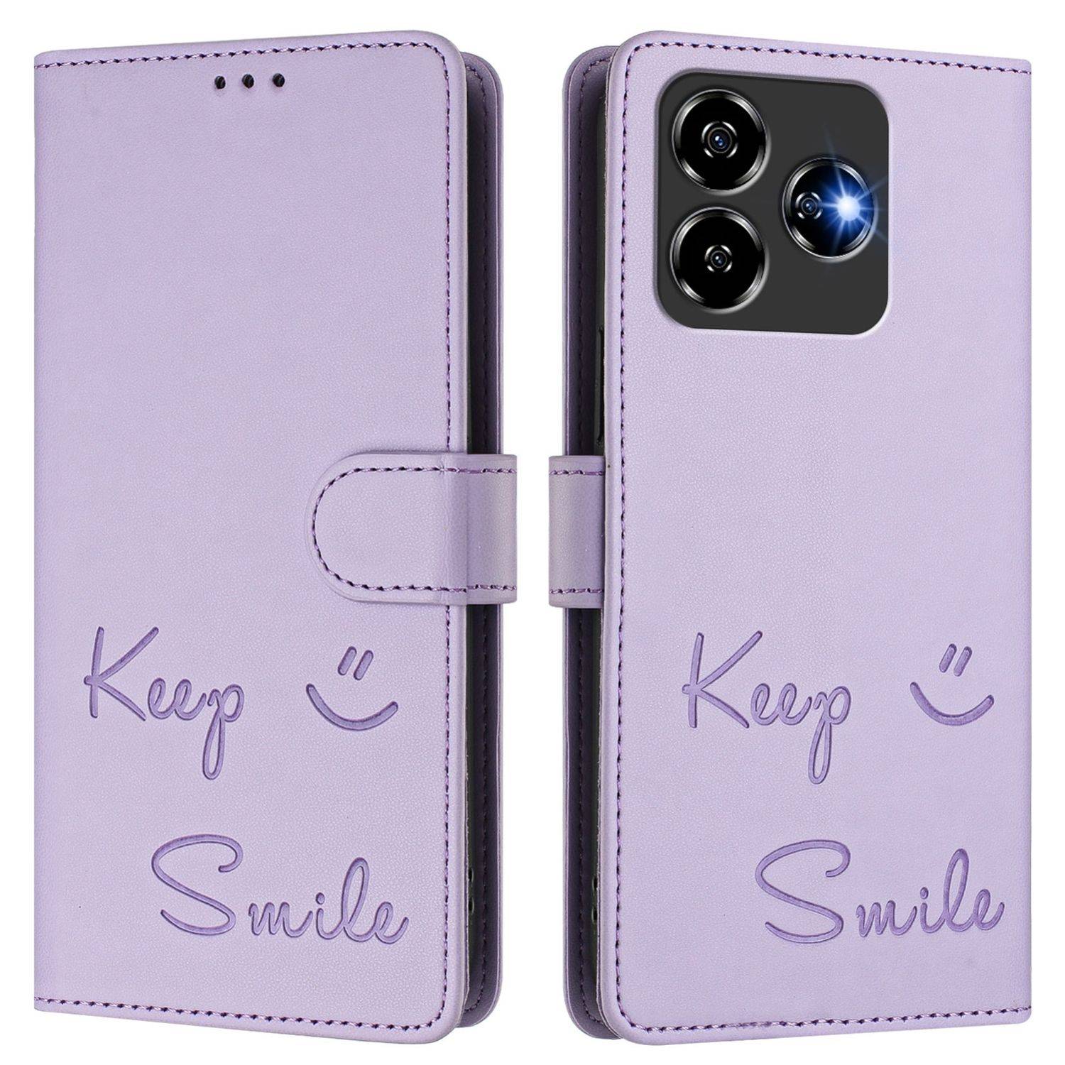 Für ZTE Blade V60 Vita / Axon 60 Lite Keep Smile Kunst Leder RFID Schutz Handyhülle Lila