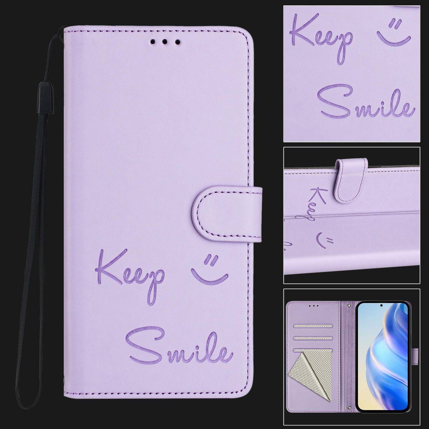 Für ZTE Blade V60 Vita / Axon 60 Lite Keep Smile Kunst Leder RFID Schutz Handyhülle Lila