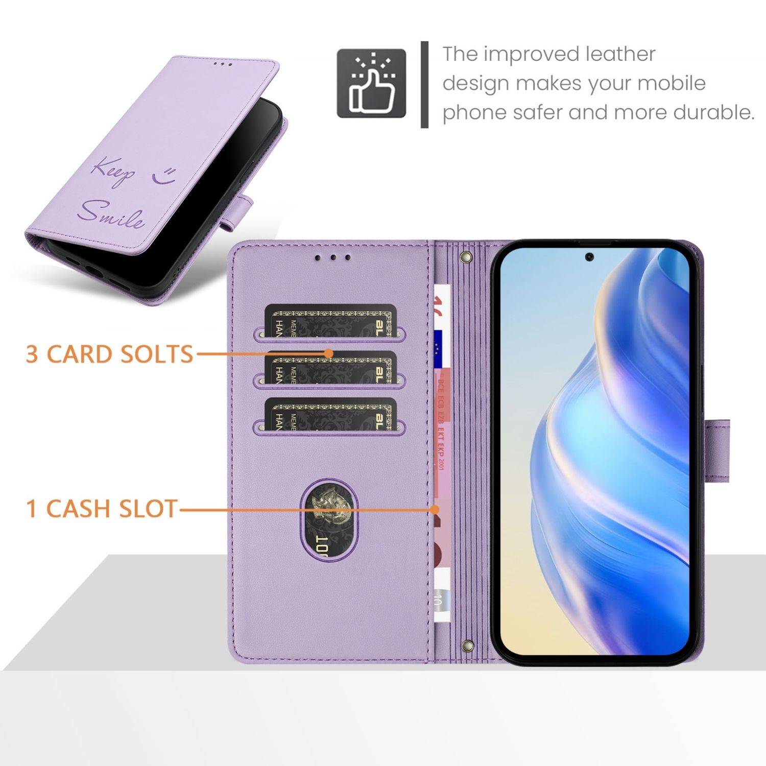 Für ZTE Blade V60 Vita / Axon 60 Lite Keep Smile Kunst Leder RFID Schutz Handyhülle Lila